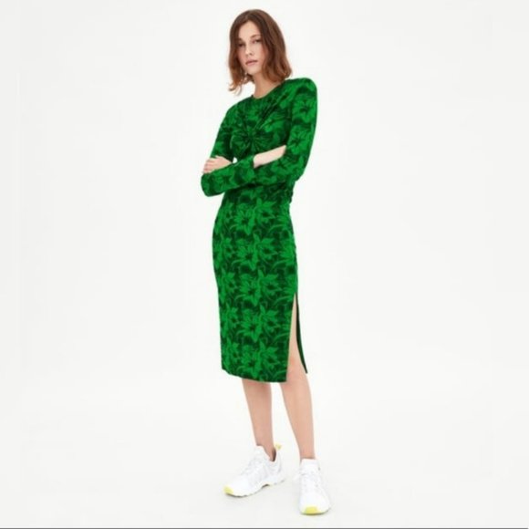 Zara Dresses & Skirts - ZARA || Sexy Green Floral Midi Dress Medium